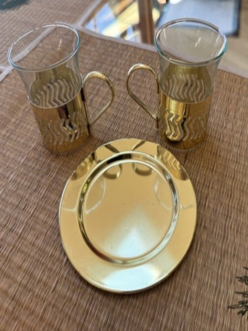 Lot of 2 Vintage Glass Espresso Cup Metal Glasses Gold Coffee with Plate